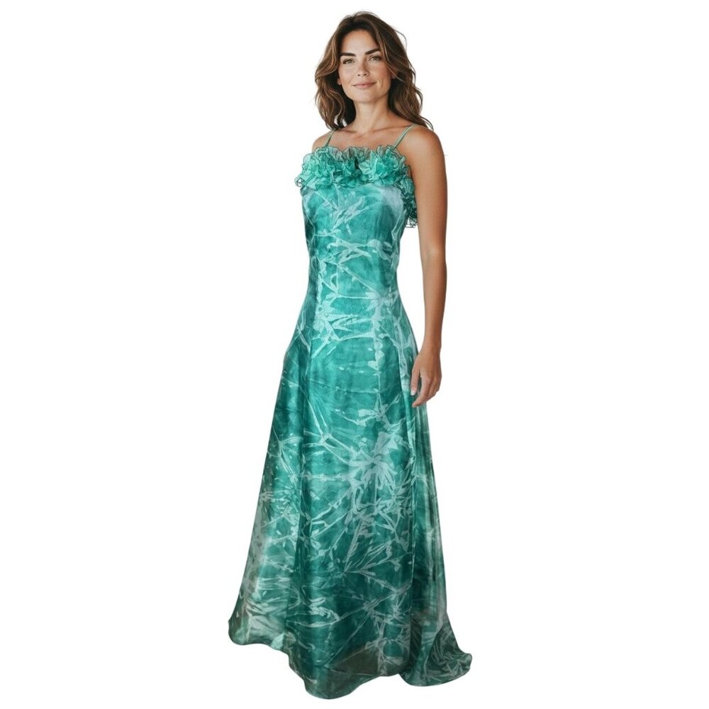 NEW Green Floral 3D Ruffle Maxi Dress 32 Open Back Spaghetti Strap Formal Gown